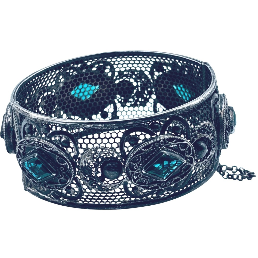 TESTS SILVER Antique Filigree Teal glass Honeycomb Cuff Bracelet Pin Closure